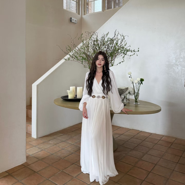 Ancient Greek Style White Fairy Dress with V-Neck, Backless, Long Sleeves, Large Hem, Flowing and Romantic Dress Ancient Greek Style White Fairy Dress with V-Neck, Backless, Long Sleeves, Large Hem, Flowing and Romantic Dress