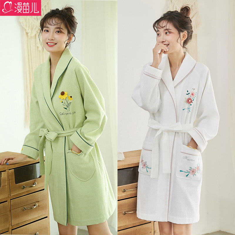 Waffle bathrobe Absorbent quick-drying autumn and winter five-star hotel bathrobe female long cotton nightgown pajamas cute