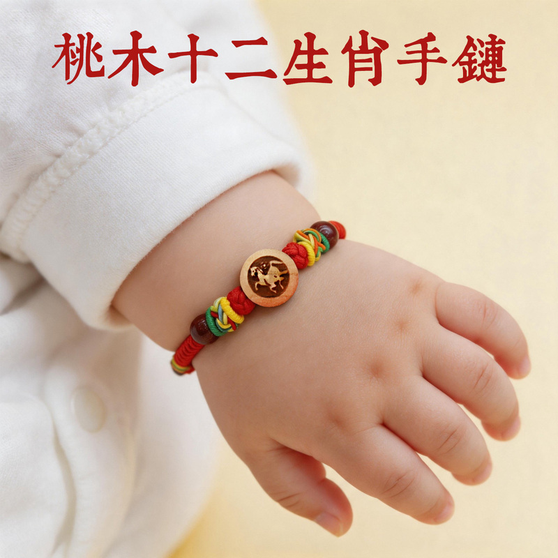 Baby and Toddler Peach Wood Zodiac Safety Bracelet for Girls and Boys, Dragon, Snake, Horse, Multicolored Rope, Cinnabar Red Rope Anklet