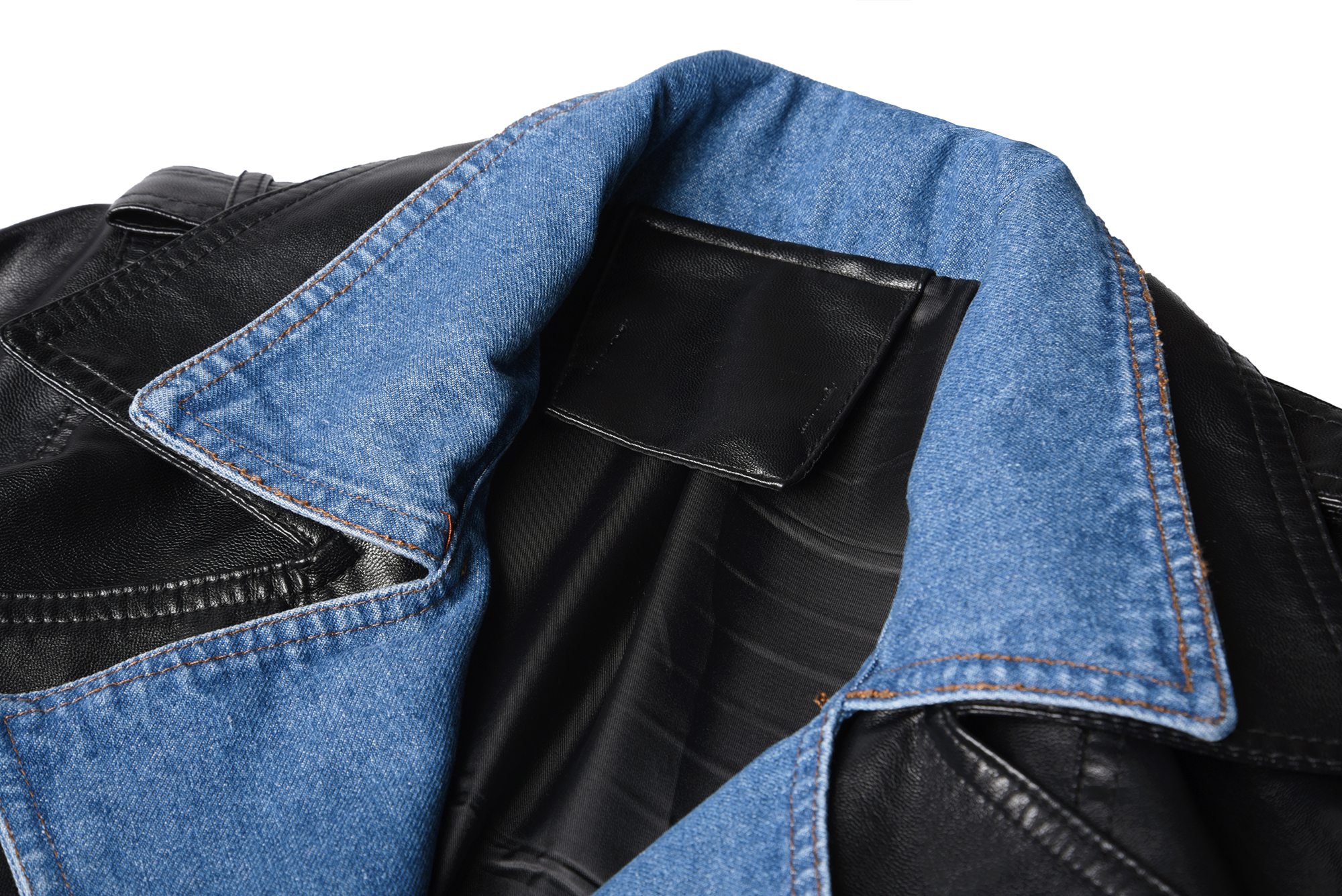 VEGA CHANG denim khâu da nữ 2018 thu đông mới phù hợp với cổ áo buộc băng thông rộng áo khoác ngắn áo da dáng dài