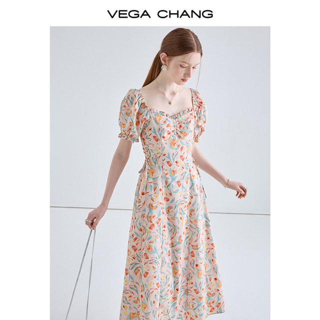 VEGACHANG floral dress women's 2024 summer new square collar French tea break dress style a-line long skirt