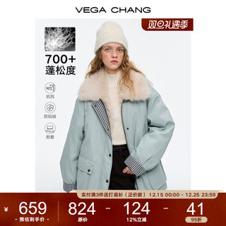 Vega Chang Velvet down Jacket Women's Winter Clothing 2025 New Style Fur Collar Plaid Stitching Warm Jacket