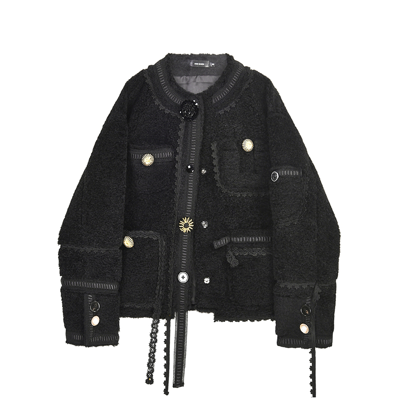 VEGA CHANG imitation lamb hair short coat women's 2020 new fall/winter fashion lace panels plus fleece coat tide