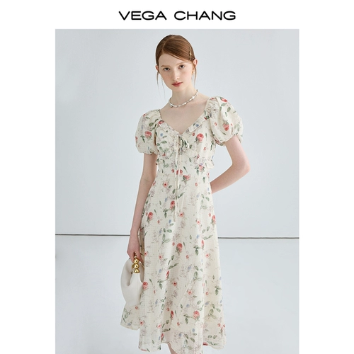 VEGA CHANG Летнее платье, длинная юбка, французский стиль, в цветочек, премиум класс, яркий броский стиль