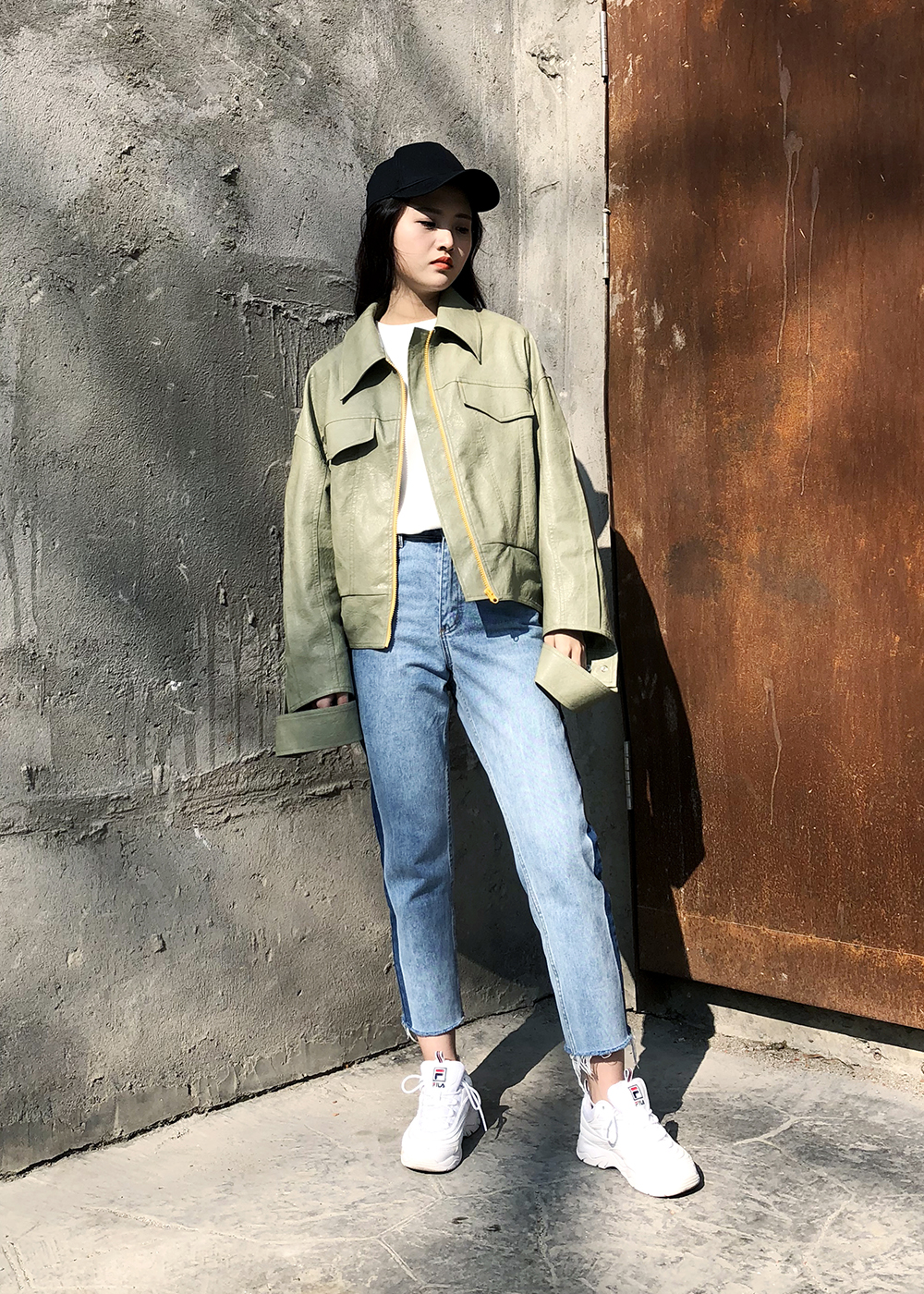 VEGA CHANG da nữ mùa thu 2018 mới của Hàn Quốc phiên bản của các loại loose hoang dã hoang dã hit màu là mỏng áo ngắn áo da cao cấp