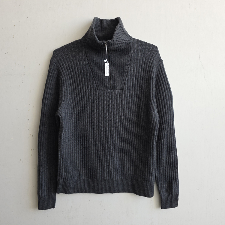 360344 Multi-Size Men's American-Style Banana Knit Merino Wool Half-Turtleneck Zip-Up Ribbed Sweater