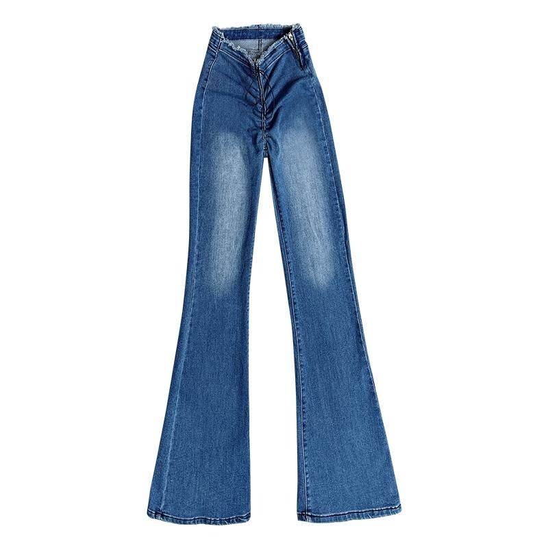 V-Shaped Drawstring Raw Hem Flared Jeans for Women, Spring and Summer, High-Waisted, Stretchy, Butt-Lifting, Extra-Long Floor-Length Pants