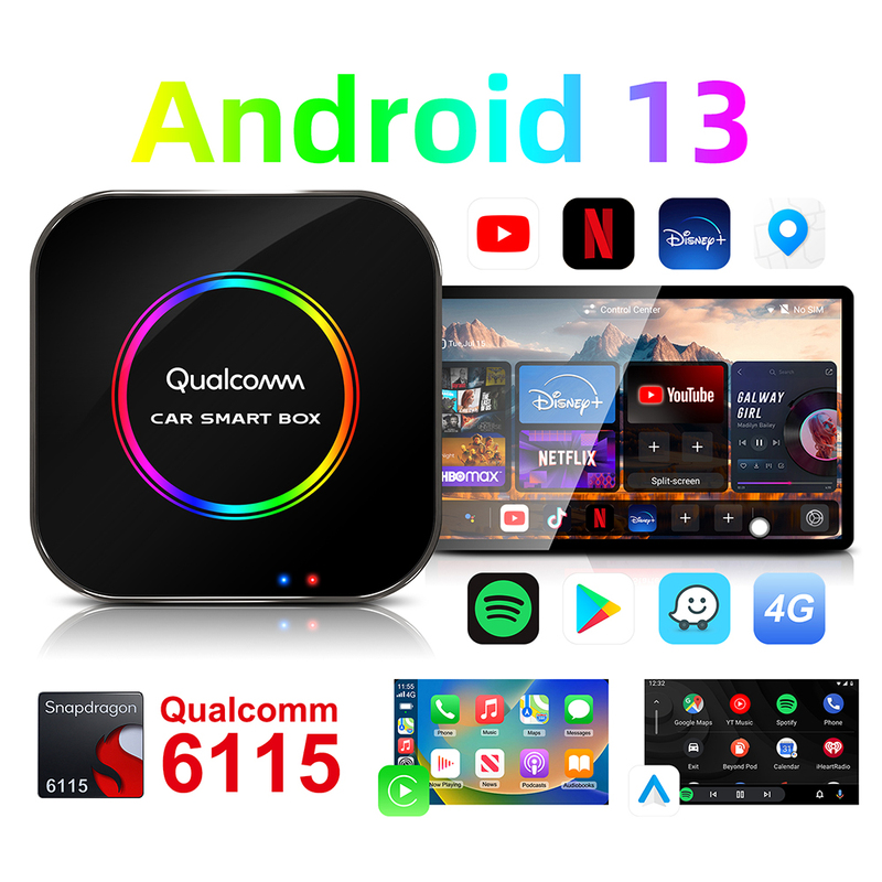 Original Car Wired to Wireless Carplay&Auto&Android 13 3-in-1 Colorful Light Aibox Qualcomm 6115 4+64