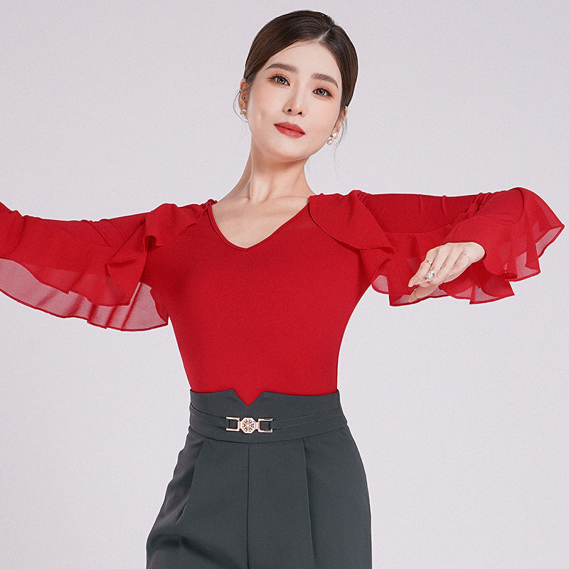 Morden Dance Dress Women Adults Ballroom Dancing lotus leaf Dancing Blouse Waltz V Collar Long Sleeve Dance Clothes 1049-Taobao