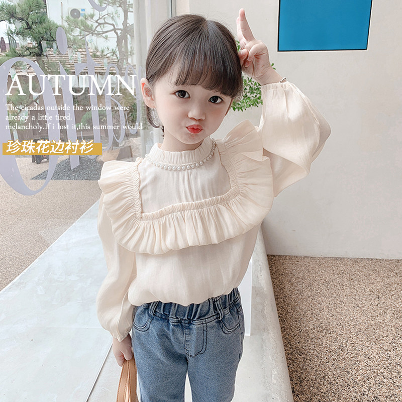 Girl White Shirt Spring Autumn 2022 New Children Han Edition Foreign Pie Semi-High Collar Bottom Jersey Woman Baby Spring Dress Blouse
