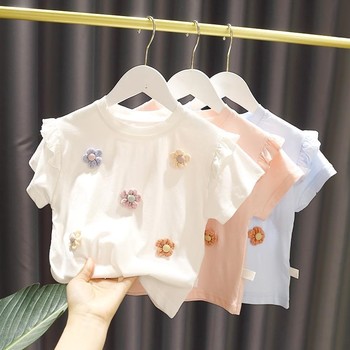 Girls summer cotton T-shirt 2023 new baby foreign style lace short-sleeved little girl half-sleeved baby children's top