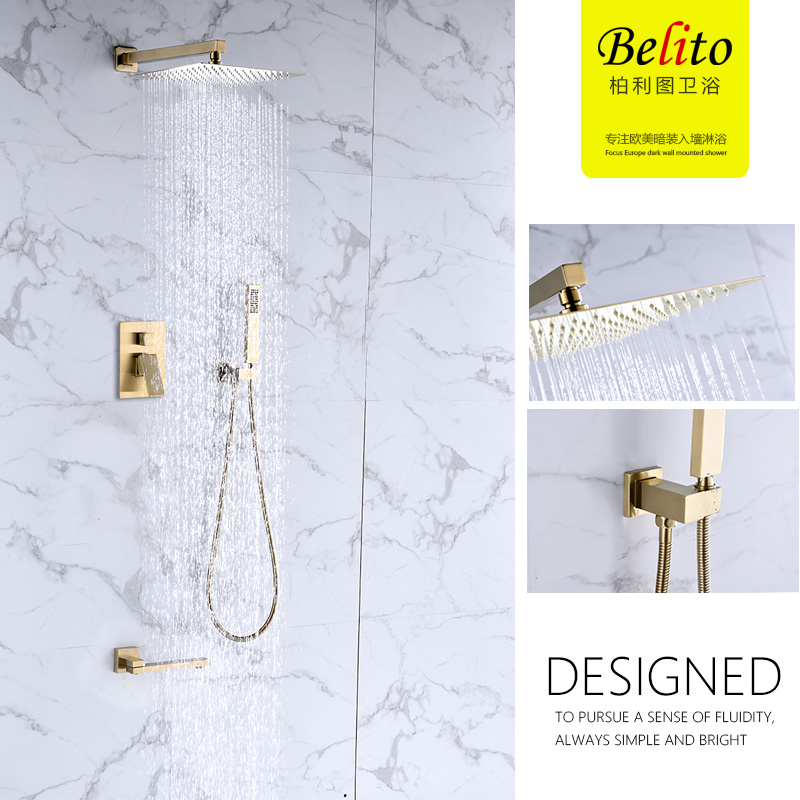 Berlitu full copper concealed shower head with wall-type hot and cold drawing gold hidden recessed shower shower kit