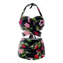 EF cup split high waist swimsuit womens retro plus size bikini large chest steel bracket gathered sub-breast thin pregnant woman