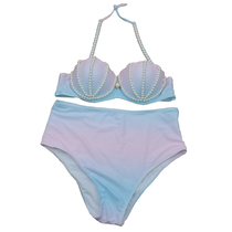 Pearl shell cup steel bracket gathered bikini swimsuit Mermaid high waist spa swimsuit female gradient pink