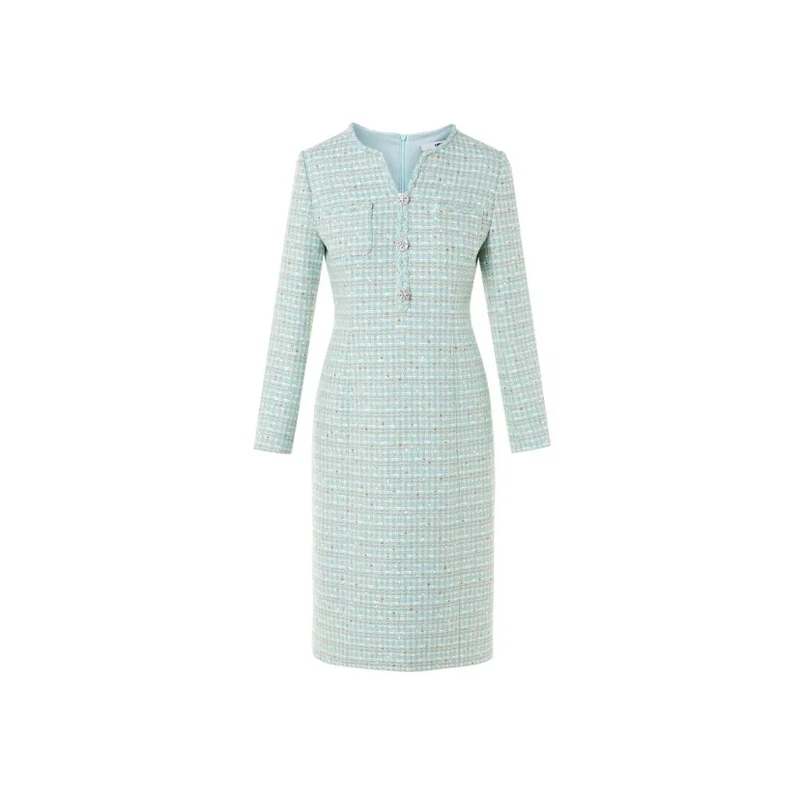 Rhein Genuine Chanel-Style Wool Tweed Diamond V-Neck Waist-Cinching Dress for Work Ldhadacop802
