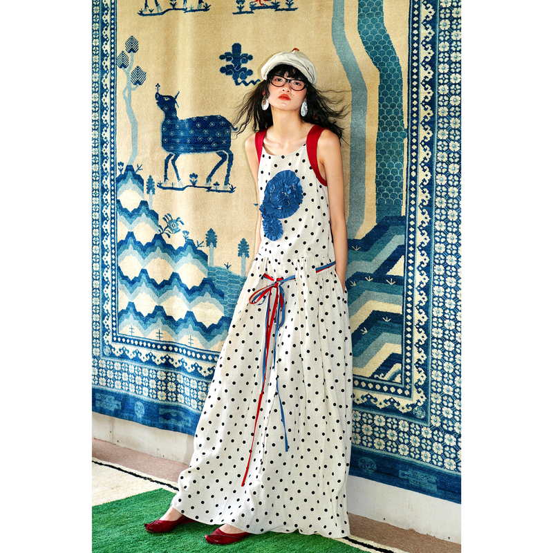 Bad Taste Western Retro Vacation Polka Dot Linen Three-Dimensional Floral Long Dress Summer Bad Taste Western Retro Vacation Polka Dot Linen Three-Dimensional Floral Long Dress Summer