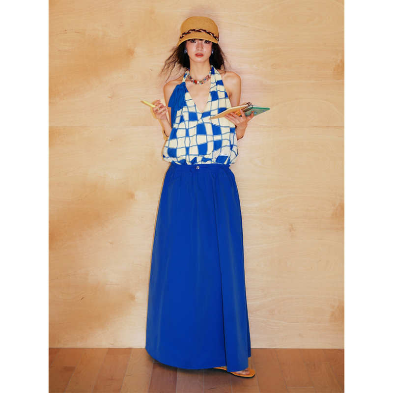 Bad Taste Western Summer V-Neck Plaid Print Halter Neck Backless Adjustable Long Dress