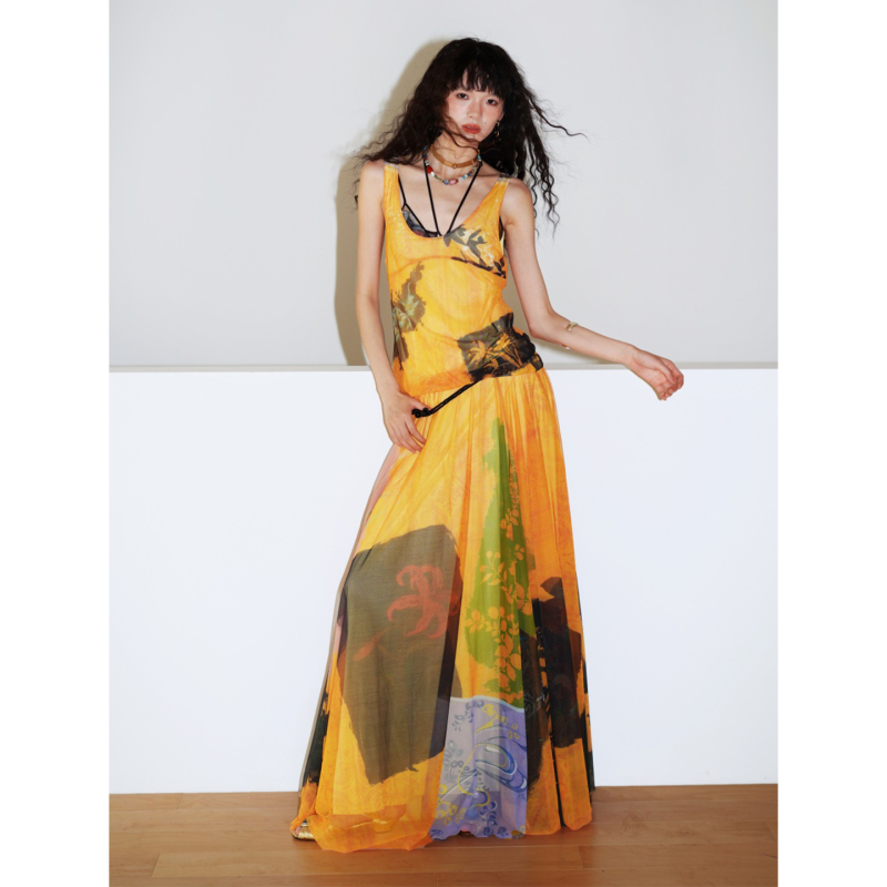 Bad Taste Western Material-Intensive 10m ! Summer Vacation Vibe Printed Design Flared Skirt Dress