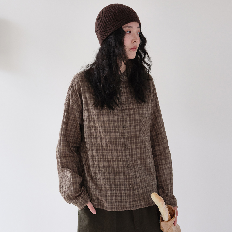 Fish Island Master Japanese Imported Plaid Fabric Cotton Stretch Lapel Loose Casual Open Front Long Sleeve Shirt for Women 6275