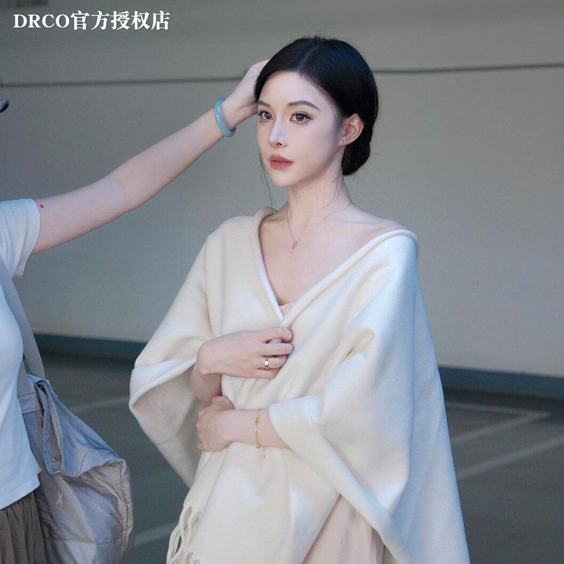 French Drco White Cashmere Shawl for Women, 2026 New Style, High-End Solid Color Tassel Warm Cape