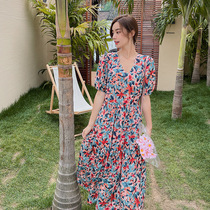 Plus size dress summer dress 2021 Fat sister thin belly V-neck long dress Tea break floral dress Children