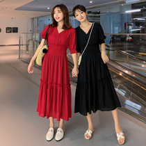 Large size womens clothing in the summer of 2021 new belly thin short-sleeved dress foreign age-reducing chiffon long skirt