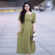 Fat mm plus size womens dress 2024 summer new slightly fat belly-covering waist French style summer dress