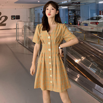 Large size womens clothing 2021 new summer dress fat sister cover belly loose thin cover meat short-sleeved plaid dress