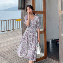 Large size dress summer fat sister new cover belly thin floral V-neck mid-length fairy skirt tide