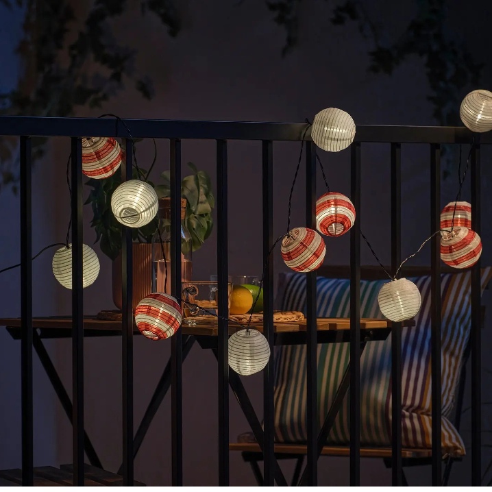 Ikea Sowenton Led String Lights with 12 Bulbs, Solar-Powered Outdoor Product, Red Stripes Ikea Sowenton Led String Lights with 12 Bulbs, Solar-Powered Outdoor Product, Red Stripes