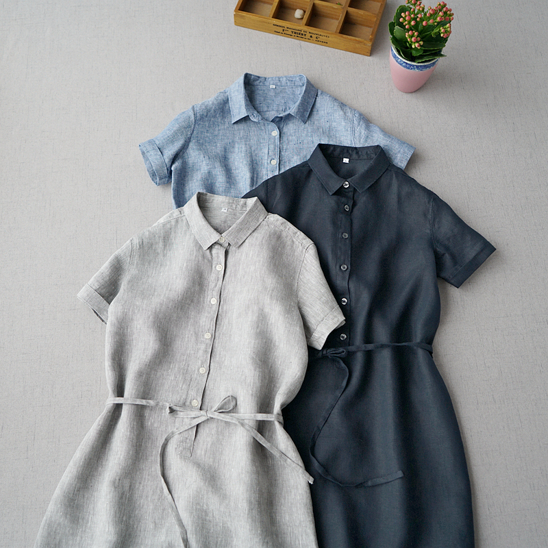 Bargain~ Youthful Summer Linen Dress with Front Half-Button Closure, Waist Tie, Short Sleeves, Mid-Length Linen Dress, Comfortable Robe