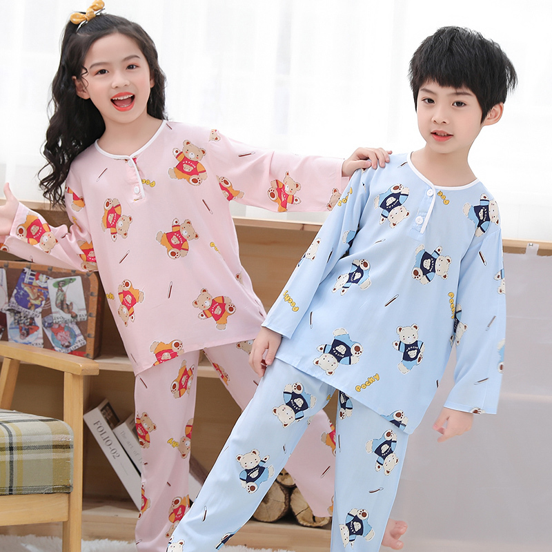 Summer Children's Cotton Silk Pajamas Set for Boys and Girls, Long-Sleeved, Thin Cotton Silk Home Wear for Older Children