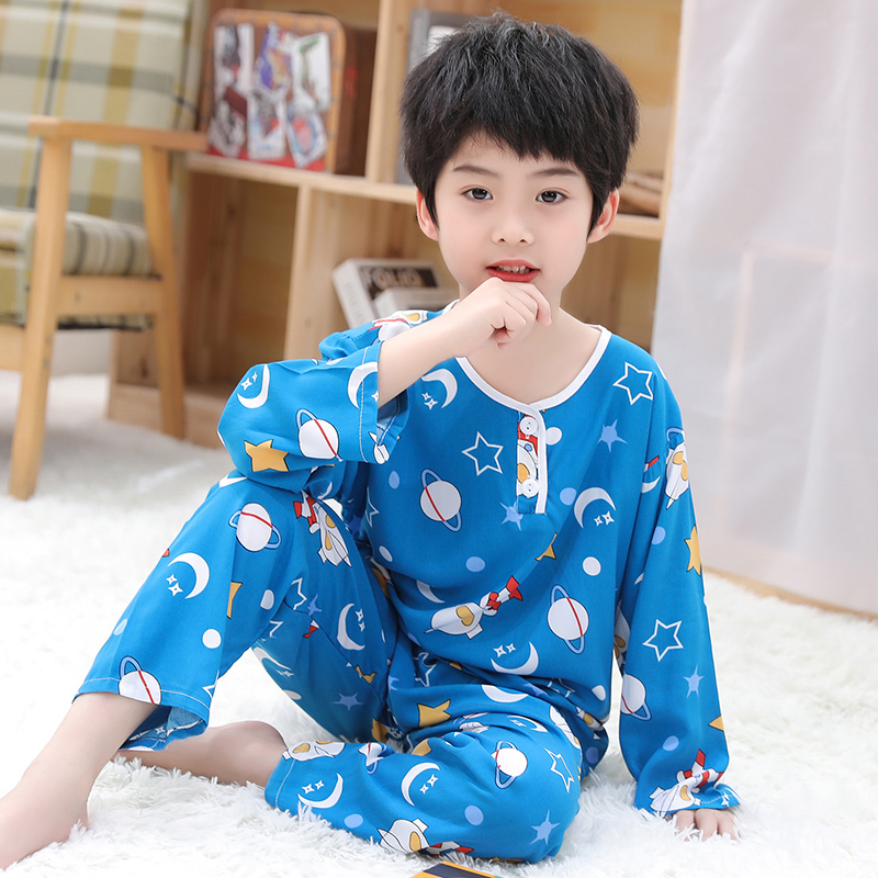 Children's Cotton Silk Pajamas Set Summer Kids Long-Sleeved Summer Thin Air-Conditioned Baby Boys and Girls Cotton Silk Home Clothes
