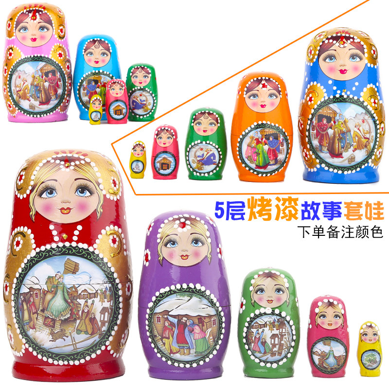 ロシアのマトリョーシカ人形、5層構造の漆塗りストーリー入りマトリョーシカ人形、木製マトリョーシカ人形子供用おもちゃセット、モンテッソーリ教育教材