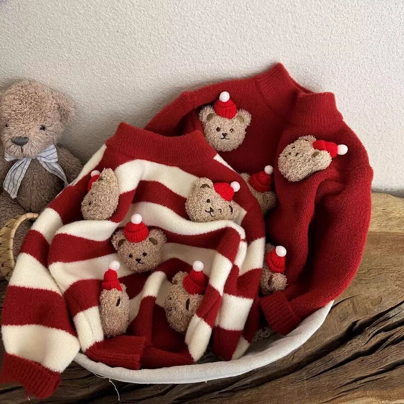 Boys and Girls Sweaters, Winter Clothes, New Year's Greetings Clothes, Kidsren's Velvet Bottoming Shirts, Tops, Baby New Year's Clothes, Christmas Knitwears