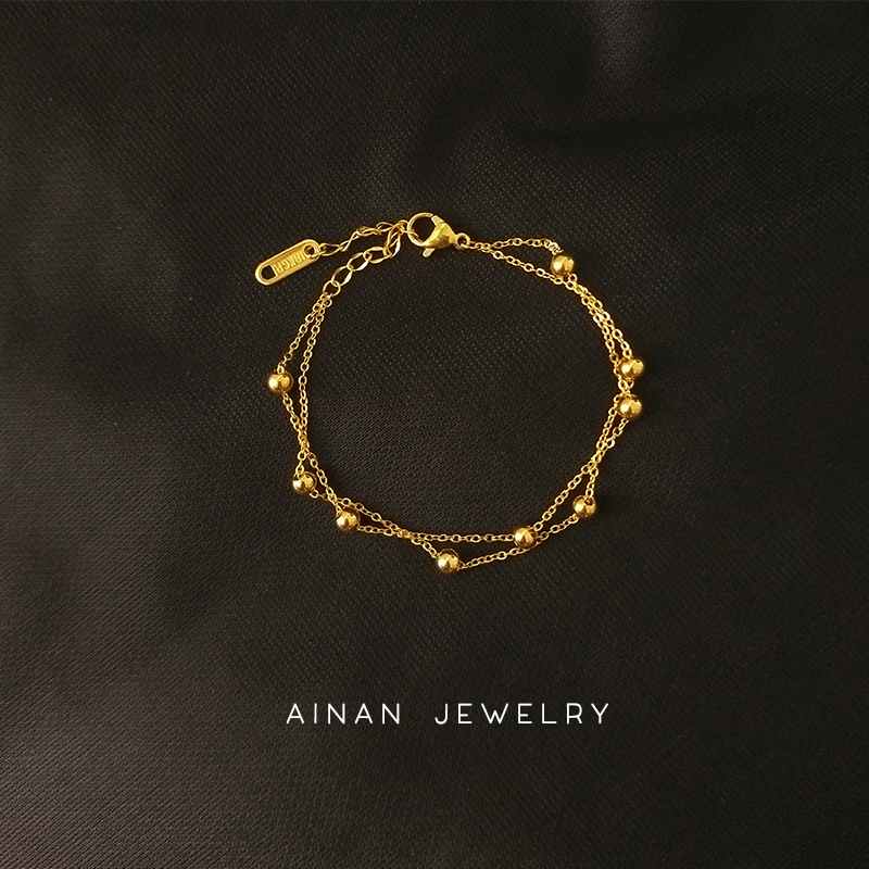 18K Plated Double-Layered Small Gold Bead Bracelet, Versatile and Simple Titanium Steel Non-Fading Jewelry