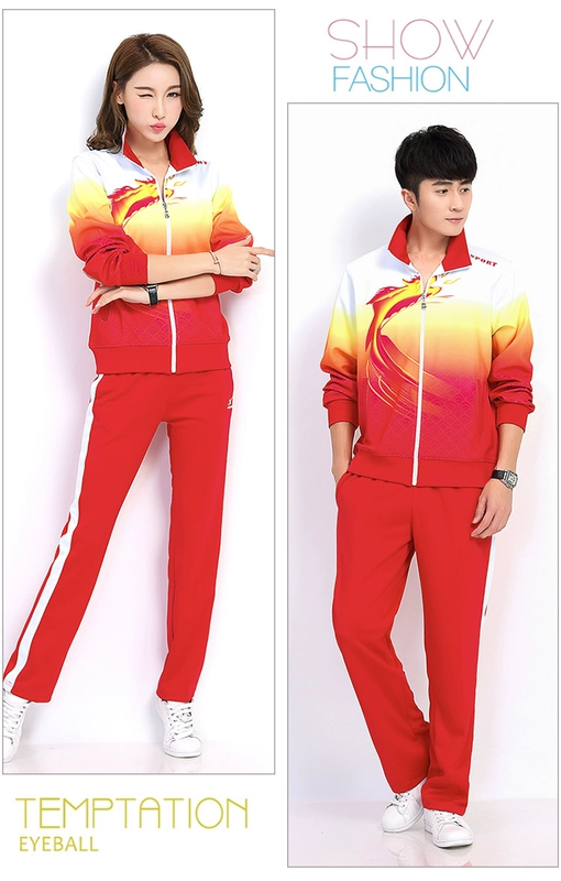 Bộ đồ thể thao giản dị nam mùa xuân và mùa thu đôi mẫu nữ Trung Quốc rồng lỏng Trung Quốc đội thể thao quốc gia áo dài tay màu đỏ - Thể thao sau