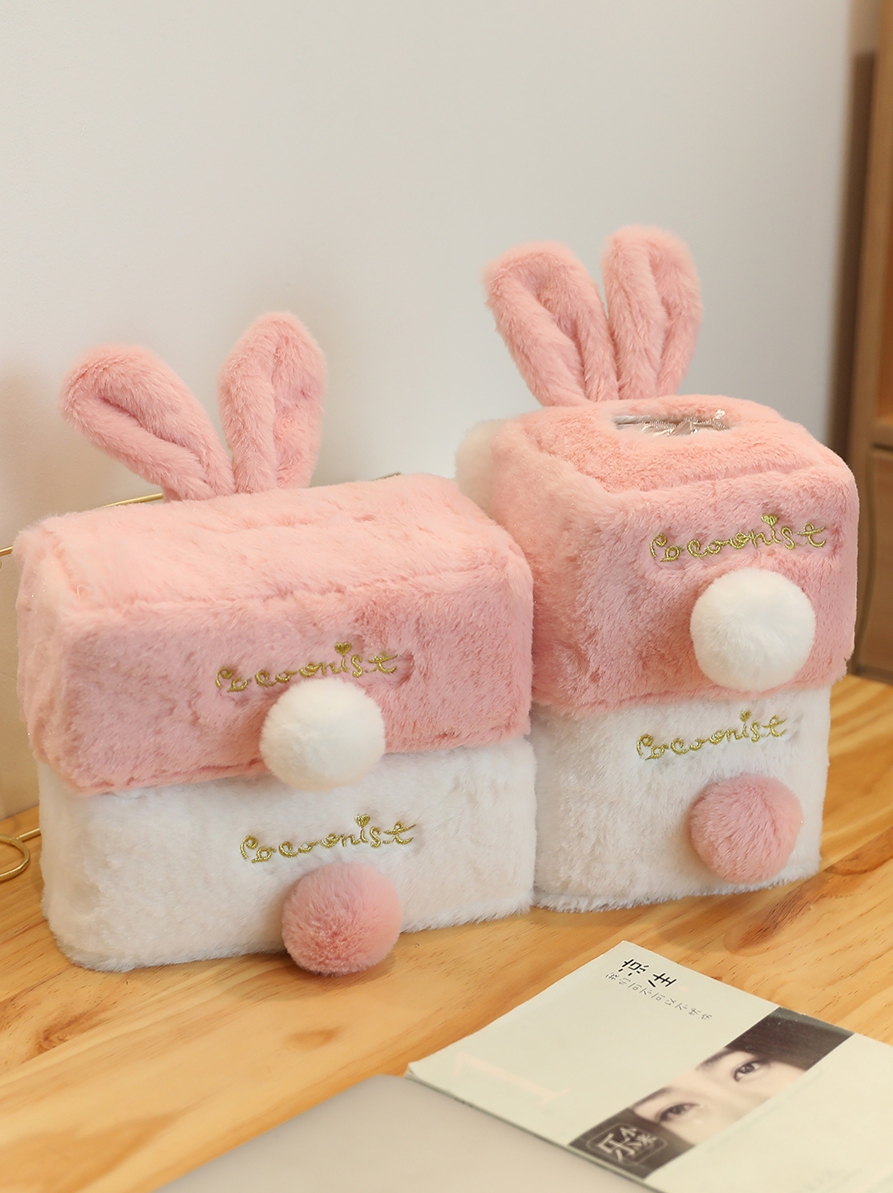ins Cute pink rabbit plush tissue cover soft adorable car home living room decoration cartoon removable toilet paper tissue box