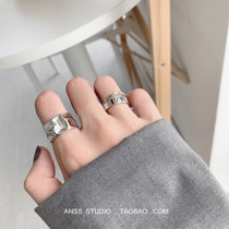  (ANSS)925 sterling silver cold wind minimalist glossy double-layer line opening ring female irregular wide face