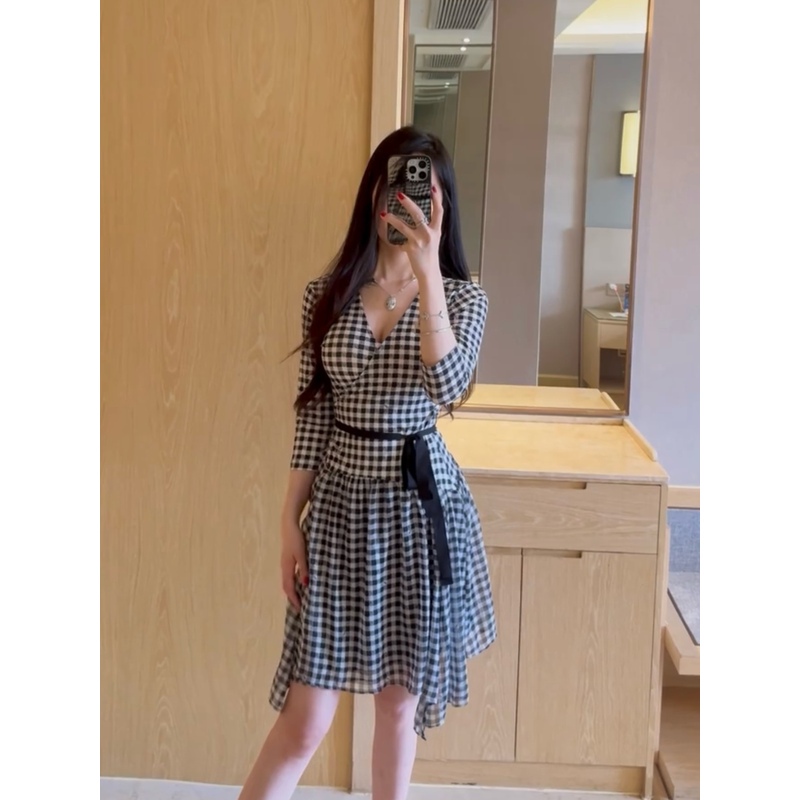 Classic*Black and White Checkered*Stretchy Three-Quarter Sleeve One-Piece Tie-Waist Wrap Dress for Women