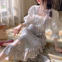Big Eees floral multi-color gentle wind early spring new French lace-up a-length skirt