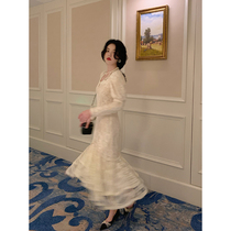 Big Eees Western antique lamb sleeve super heavy industry small tail lace dress female niche French tea break skirt