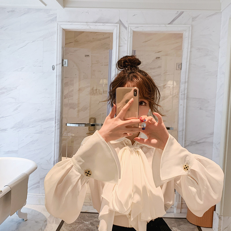 chic pharaonic palace wind lined with shoulder 100 lap blouses woman 2021 spring autumn design feeling white lantern long sleeve shirt
