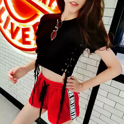 Super fire high waist short short sleeve t-shirt women slim slim new asymmetric top