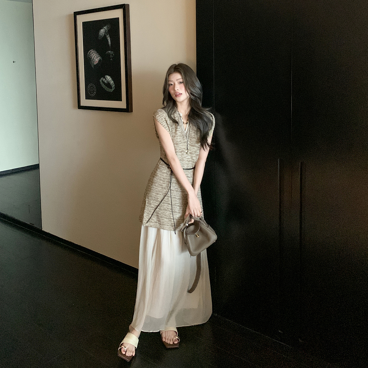 アースストア フレンチブラウンフェイクツーピースニットワンピース レディース 夏 ハイエンド 気質 ファッション ベストワンピース