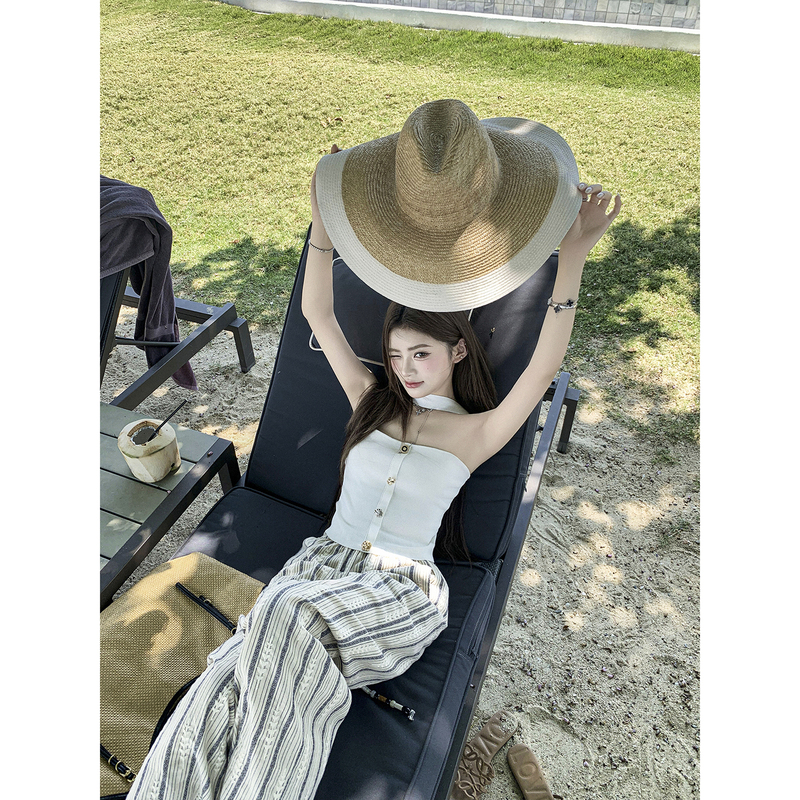 Earth Store Bohemian Vacation Style Apricot Loose Lazy Wide-Leg Pants Thin Striped Casual Pants for Women in a Rich Lady Style Earth Store Bohemian Vacation Style Apricot Loose Lazy Wide-Leg Pants Thin Striped Casual Pants for Women in a Rich Lady Style