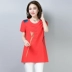 Cộng với kích cỡ của chị em béo mùa hè áo blouse nữ dài giữa cotton và vải lanh nửa tay áo sơ mi nữ tay ngắn Áo thun nữ - Cộng với kích thước quần áo