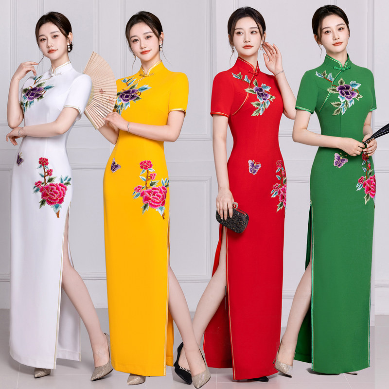 High-End Embroidered Cheongsam for Catwalk, Long Style, Elegant, Slimming, New Model, Stage Performance Attire for Female Models and Choir Performances High-End Embroidered Cheongsam for Catwalk, Long Style, Elegant, Slimming, New Model, Stage Performance Attire for Female Models and Choir Performances