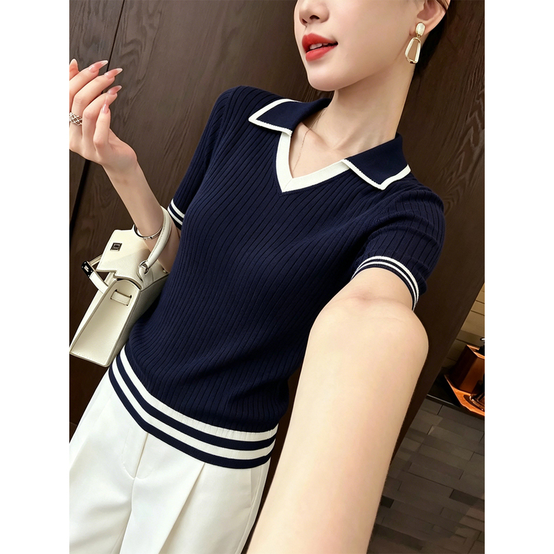 You See/柚见 Delicate Collar Design ~ Contrast Color White Edge Craftsmanship Ribbed Commuter Polo Knit Shirt