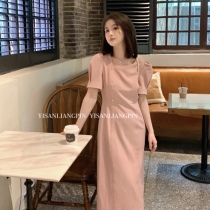 One-three-liters small sub-style square-collar temperament gentle commuter pink one-piece dress with dress length dress female summer 150